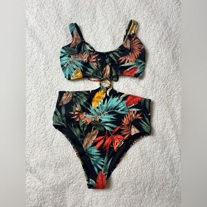Shade & Shore Tropical Leaf High-Waist One-Piece Swimsuit - Black Multi
